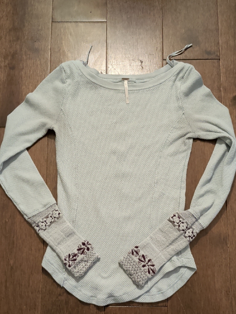 FP Light Blue Knit Long Sleeve Top with Floral Cuffs